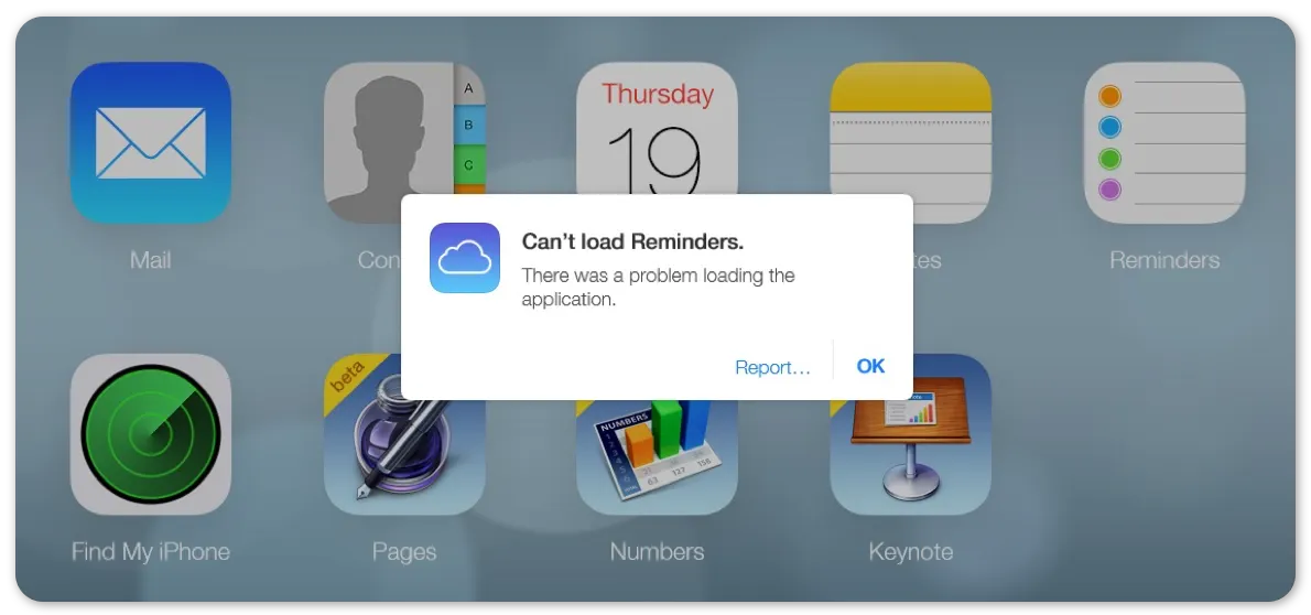 iCloud error loading Reminders
