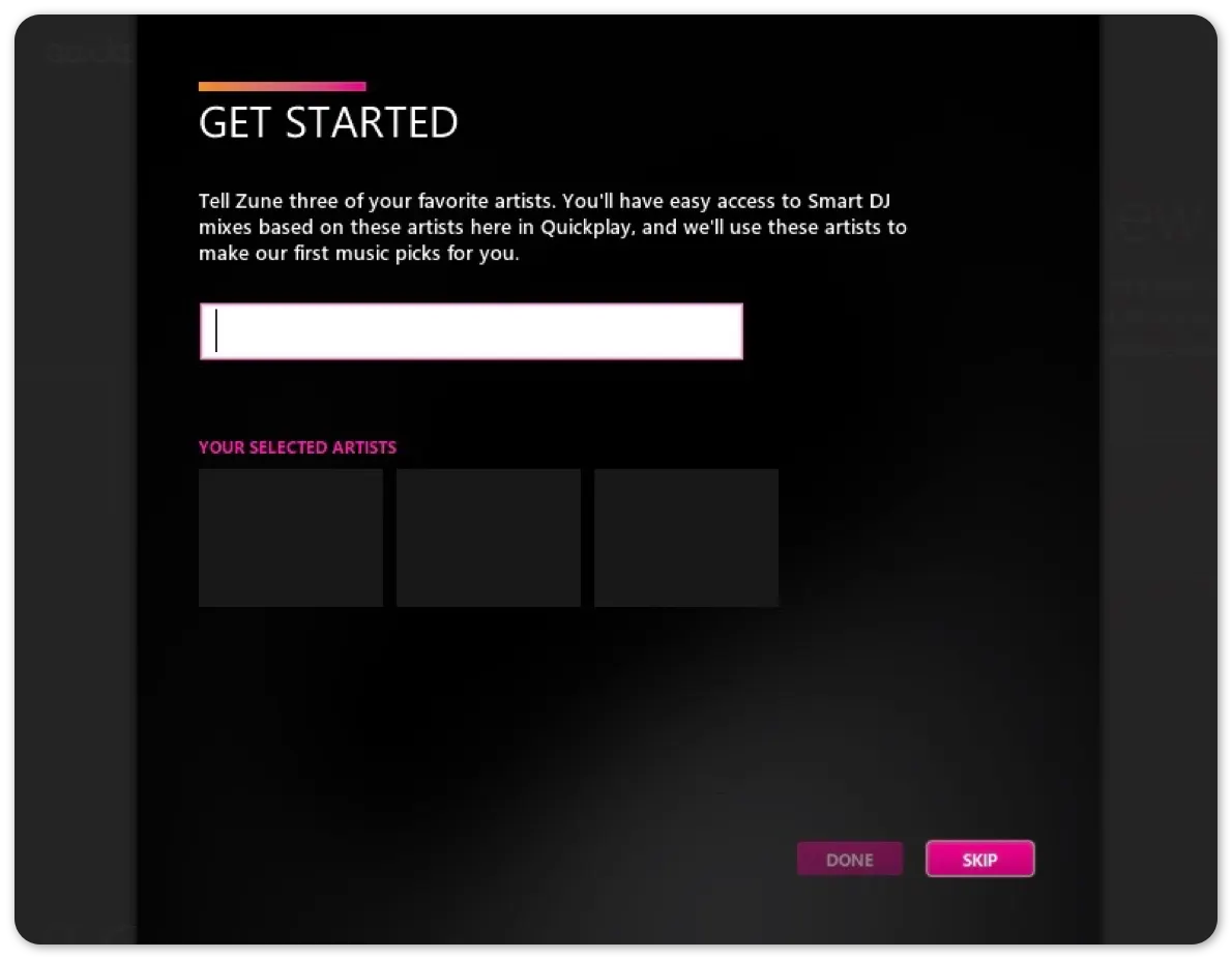 Zune artist selection screen