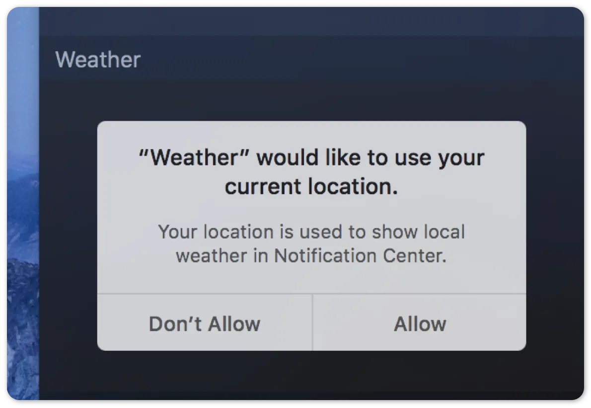 macOS Weather location permission dialog
