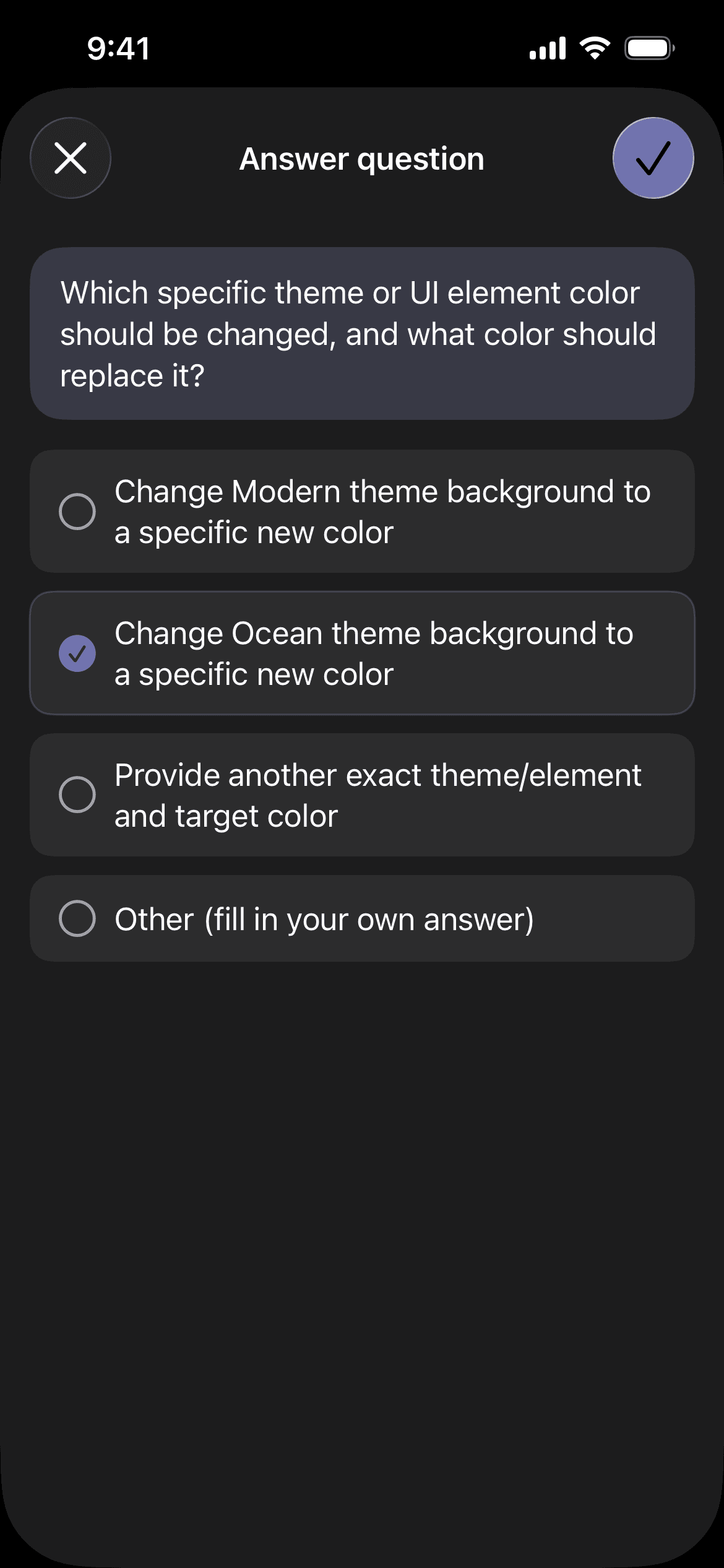 Elicitation screen showing a question from the agent