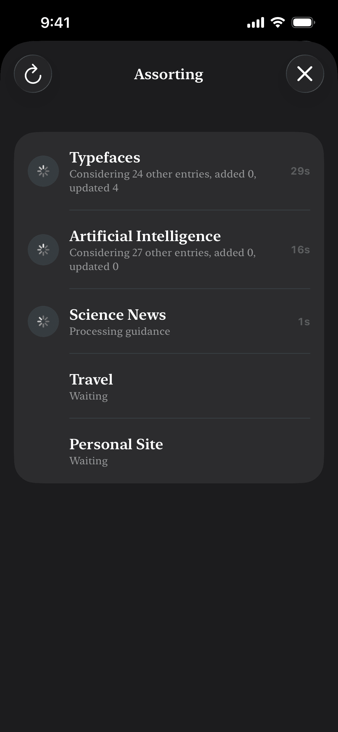 Assorting status screen showing processing state