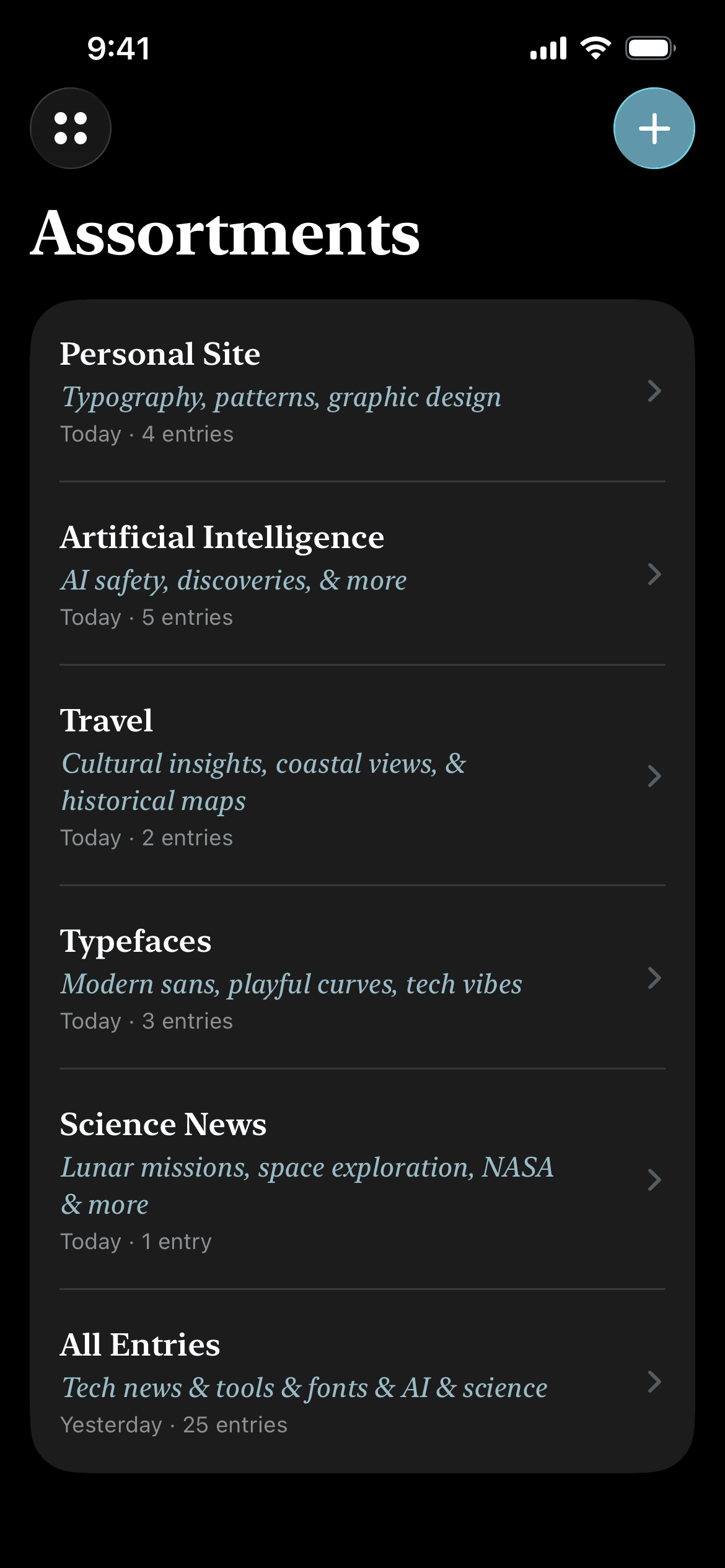 Assortments home screen