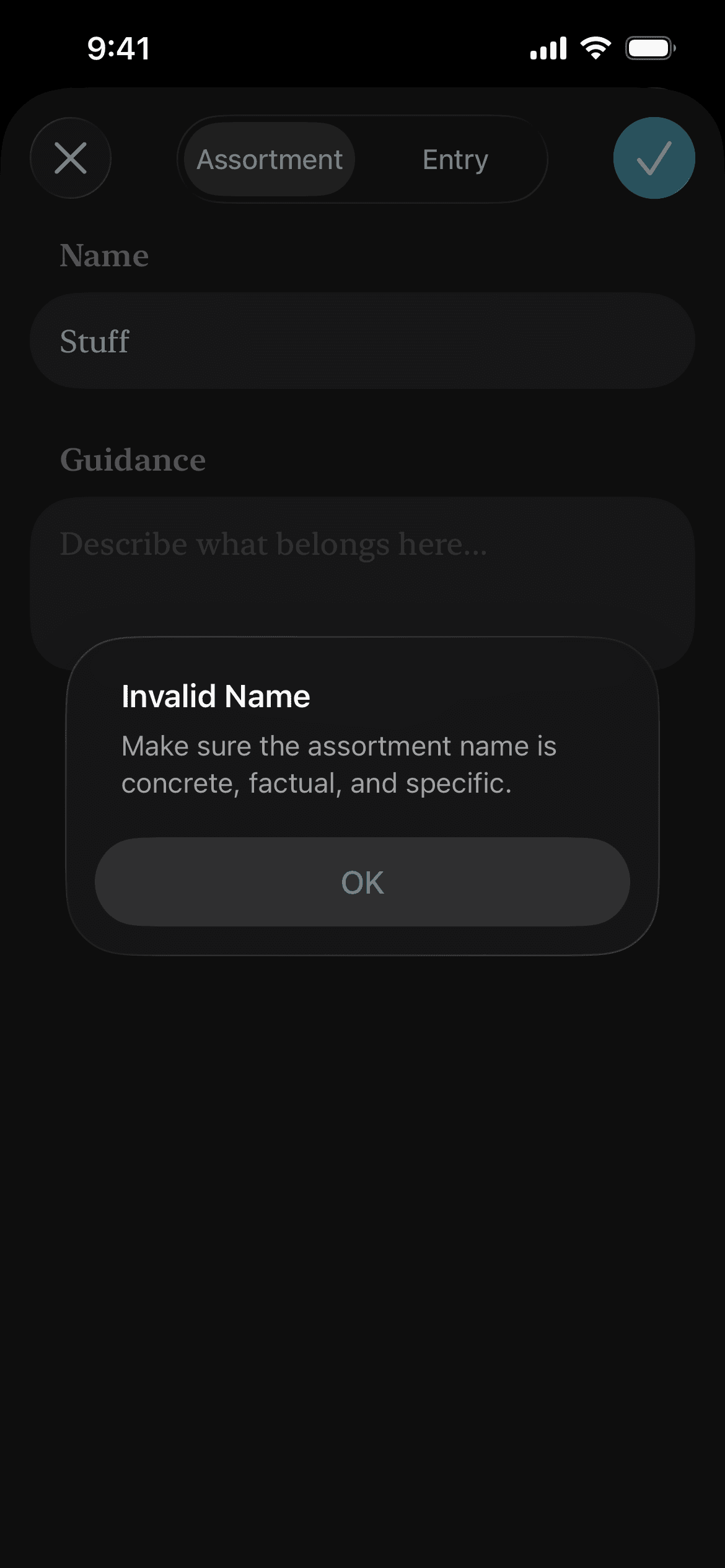 Validation state for an invalid assortment name