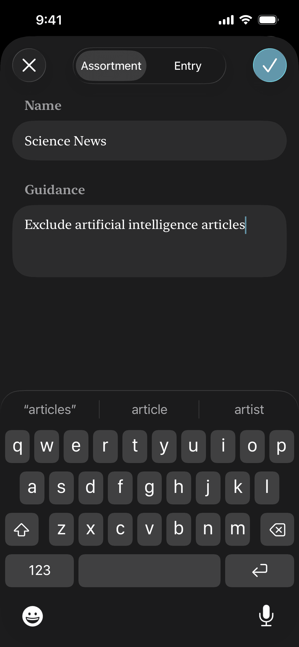 Editing assortment criteria with keyboard visible
