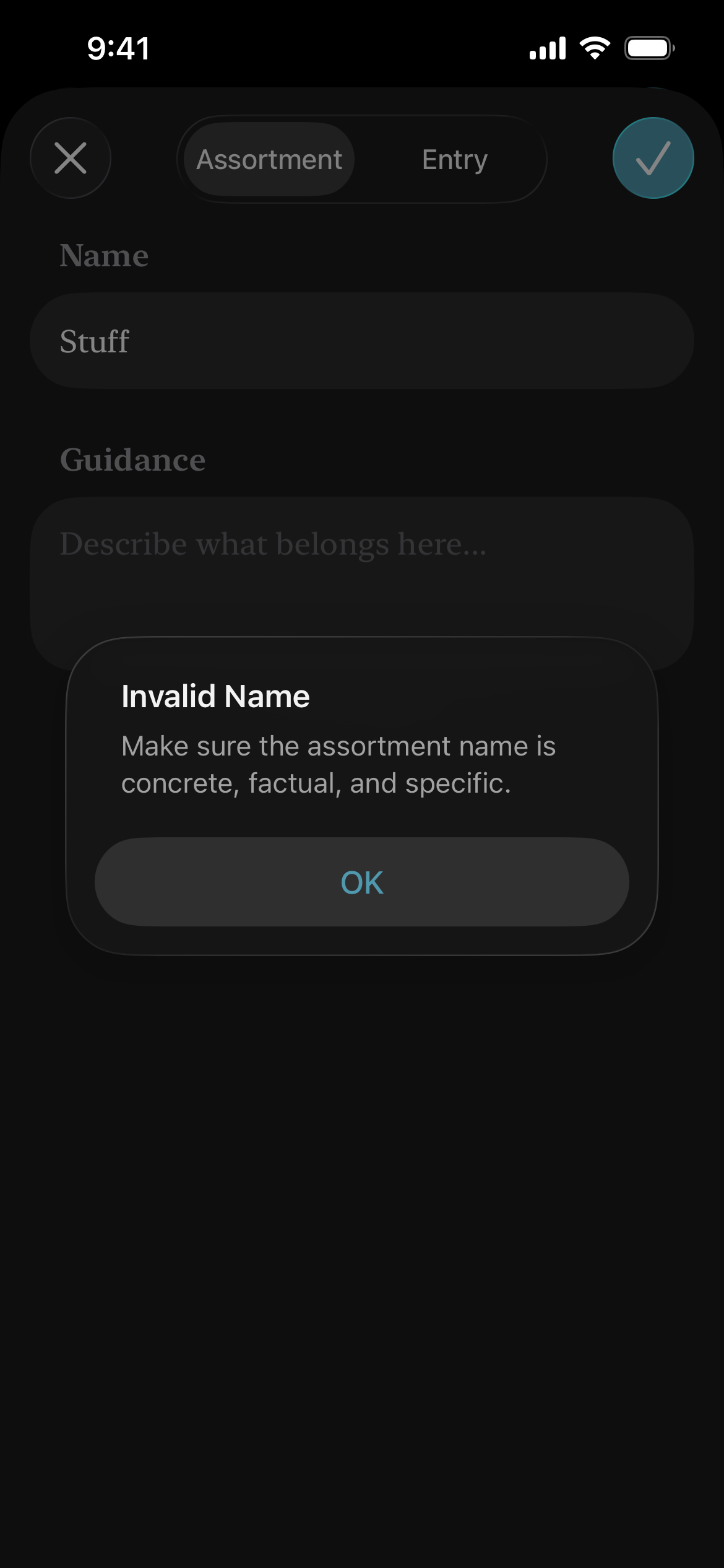 Validation state for an invalid assortment name