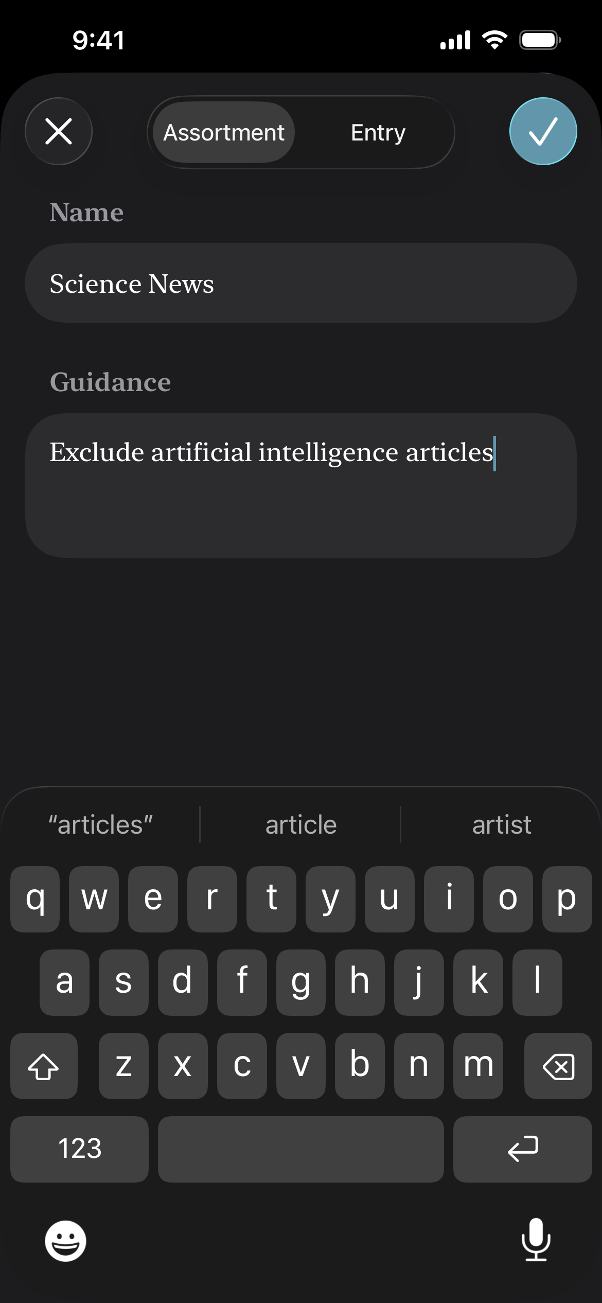 Editing assortment criteria with keyboard visible