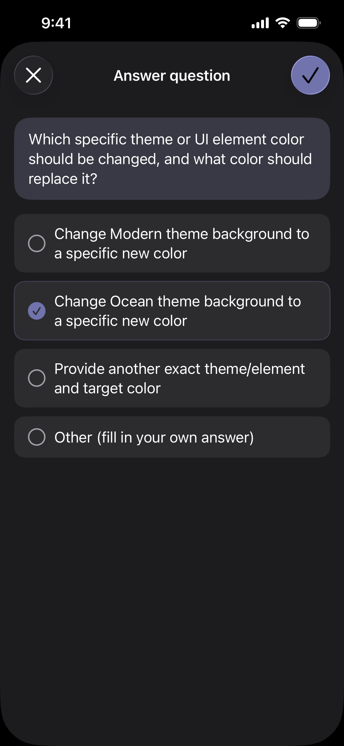 Elicitation screen showing a question from the agent